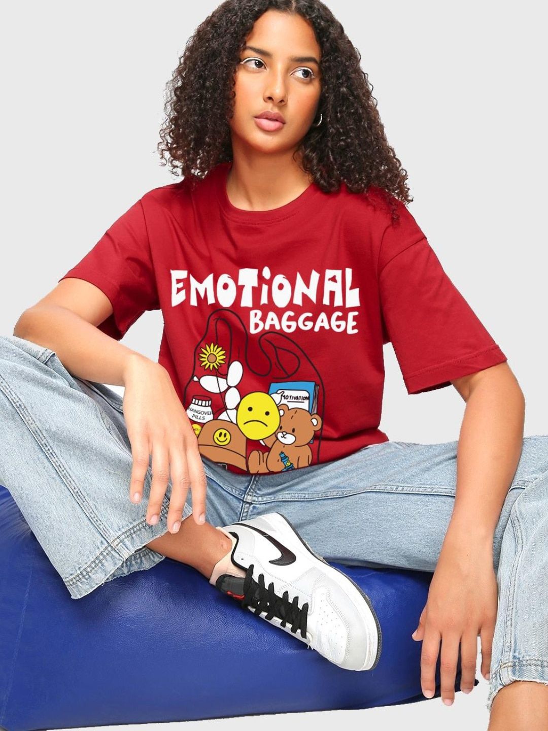 Bewakoof  Red Graphic Printed Cotton Oversized Fit T-shirt