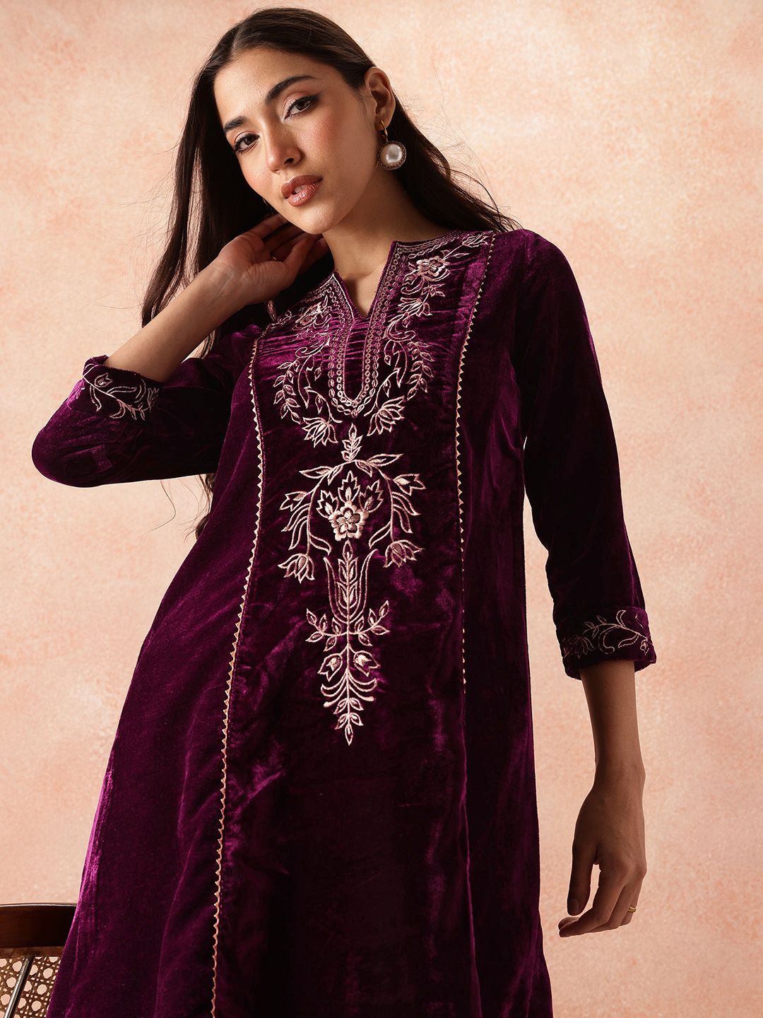 all about you Velvet Finish Floral Embroidered Gotta Patti Kurta with Trousers