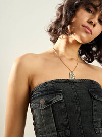 SASSAFRAS Black Strapless Washed Cotton Denim Tube Top