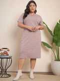 CURVY STREET Maroon Plus Size Striped Midi T-shirt Dress