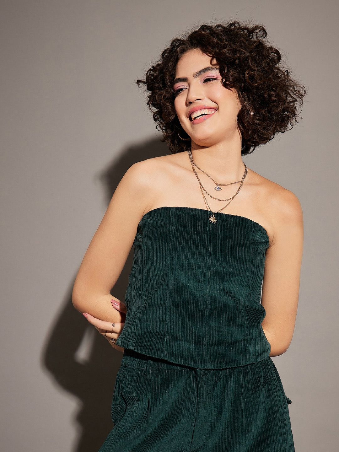 SASSAFRAS Green Strapless Corduroy Tube Top