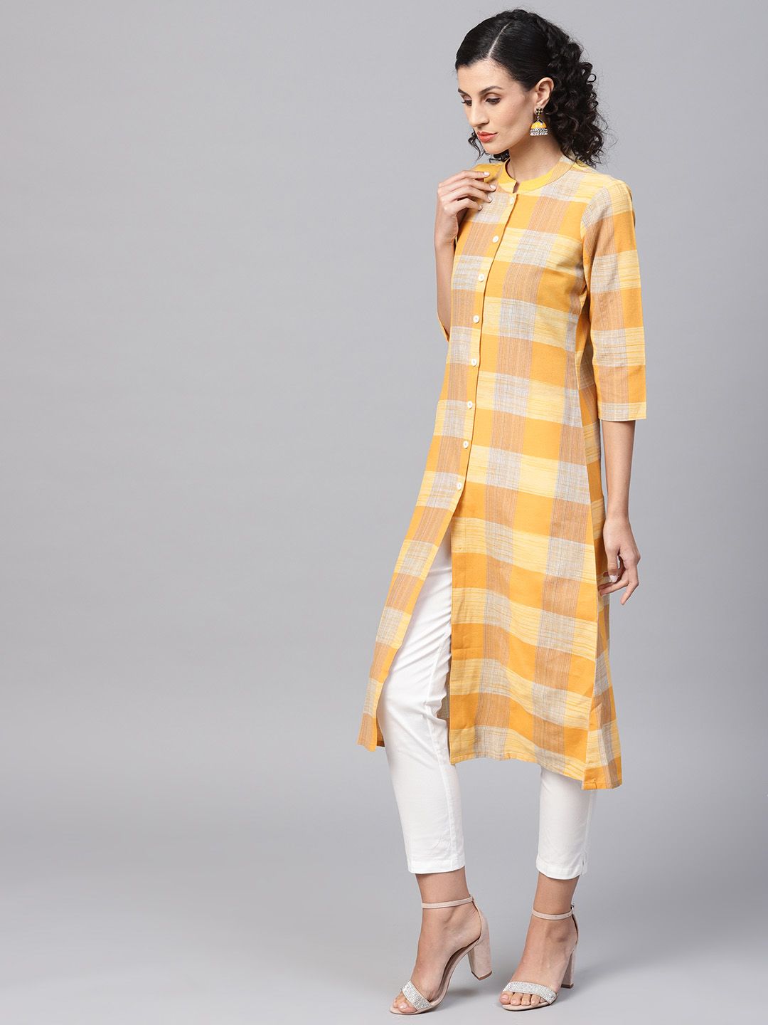 SOJANYA Women Yellow Checked A-Line Kurta