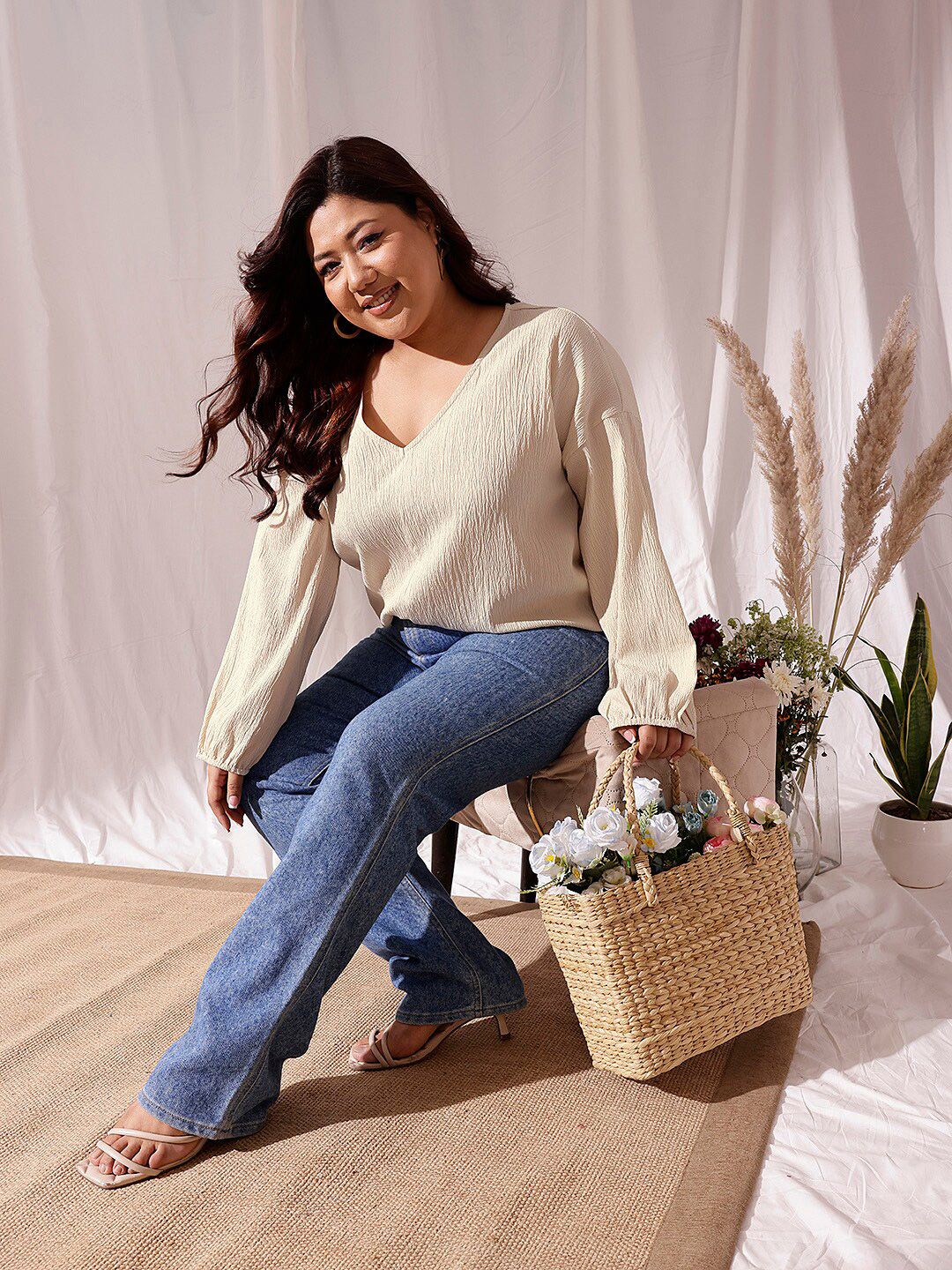 CURVY STREET Self Design V-Neck Drop-shoulder Sleeves Regular Top