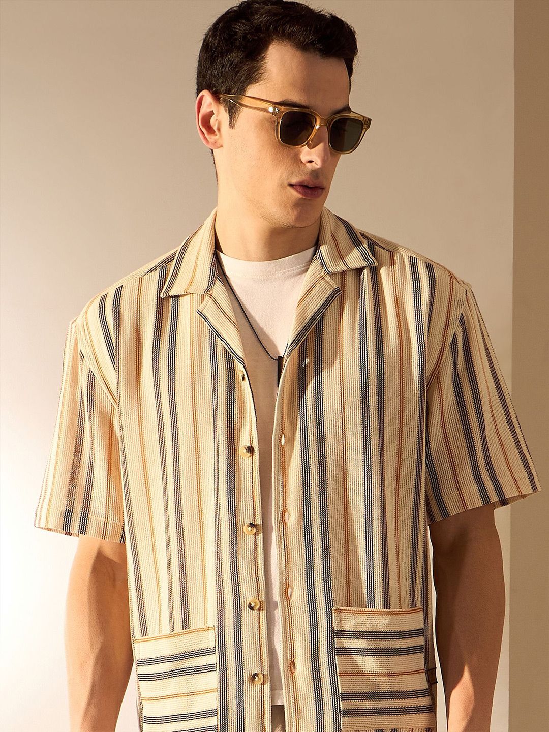 DENNISON Men Vertical Striped Oversized Crochet Shirt