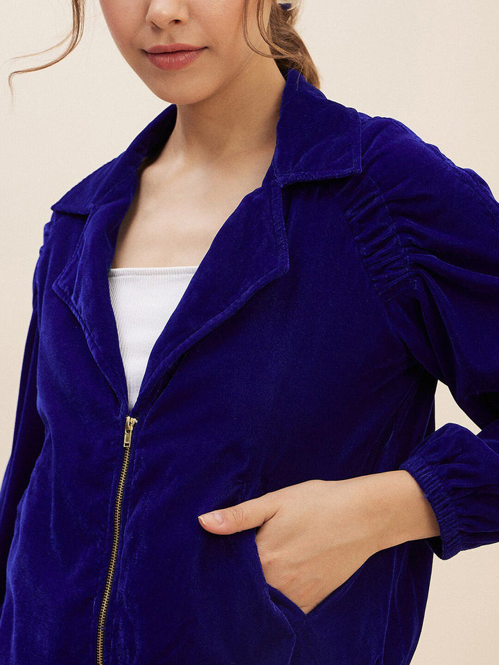 Antheaa Blue Lapel Collar Long Sleeves Velvet Bomber Jacket
