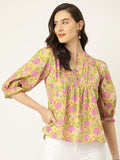Antheaa Floral Print Mandarin Collar Puff Sleeve Cotton Top