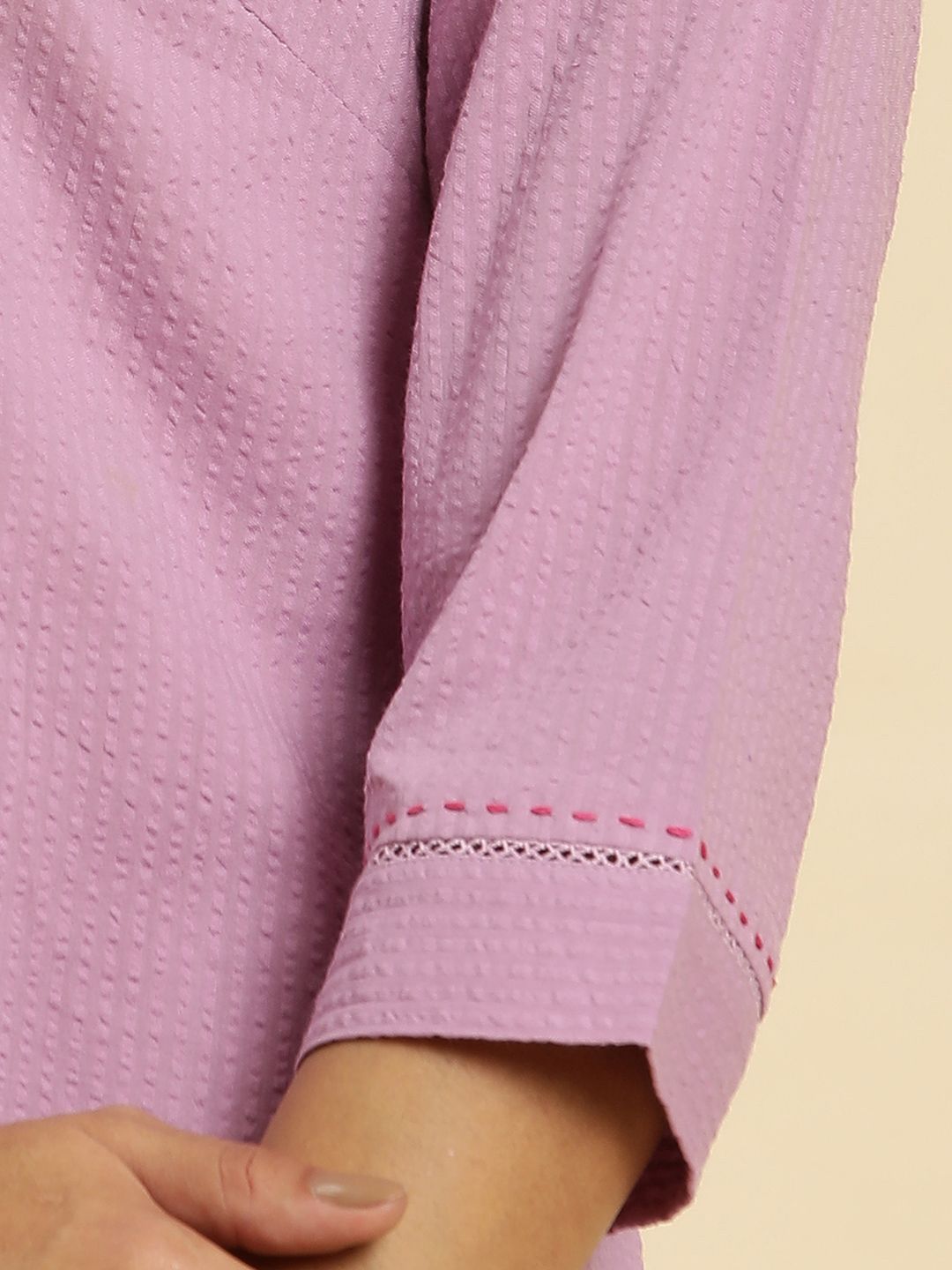 W Purple Thread Work Cotton Straight Kurta