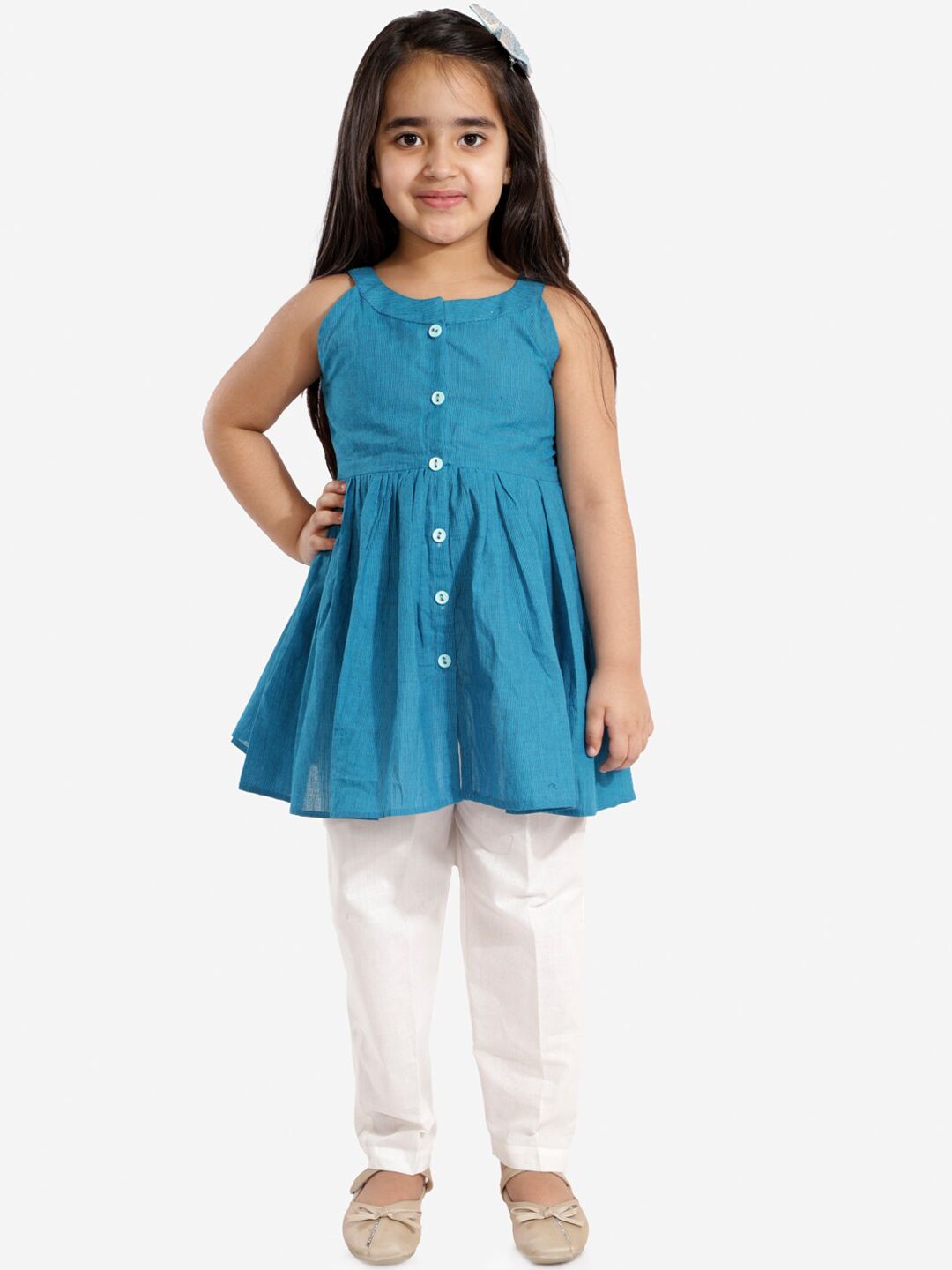 VASTRAMAY Girls Blue Pure Cotton Kurta And Straight Pant