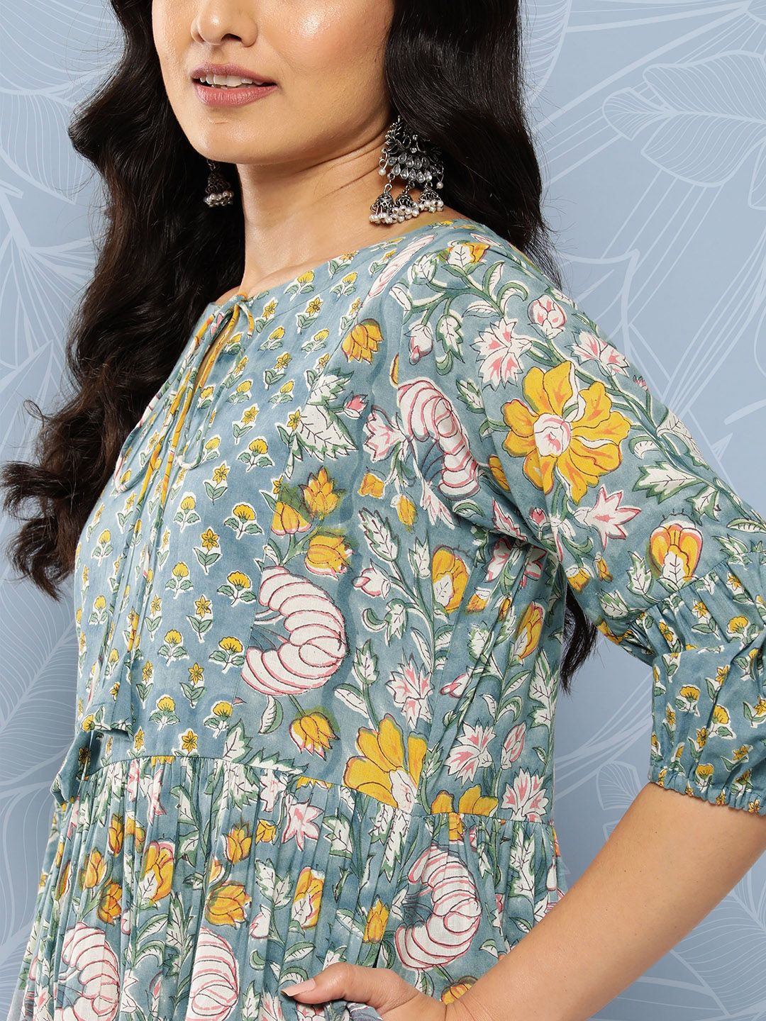 Libas Blue & Yellow Floral Print Tie-Up Neck Puff Sleeve Fit & Flare Midi Dress