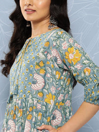 Libas Blue & Yellow Floral Print Tie-Up Neck Puff Sleeve Fit & Flare Midi Dress