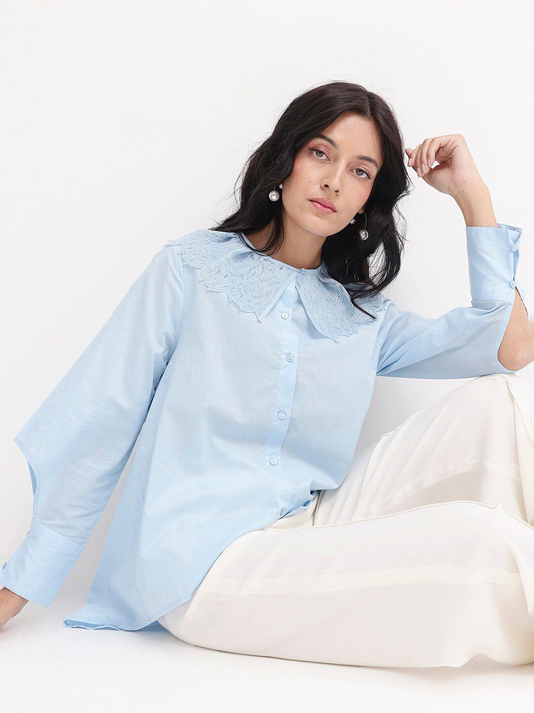 RAREISM Comfort Peter Pan Collar Opaque Cotton Casual Shirt