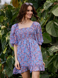SASSAFRAS Floral Printed Smocked Fit & Flare Mini Dress