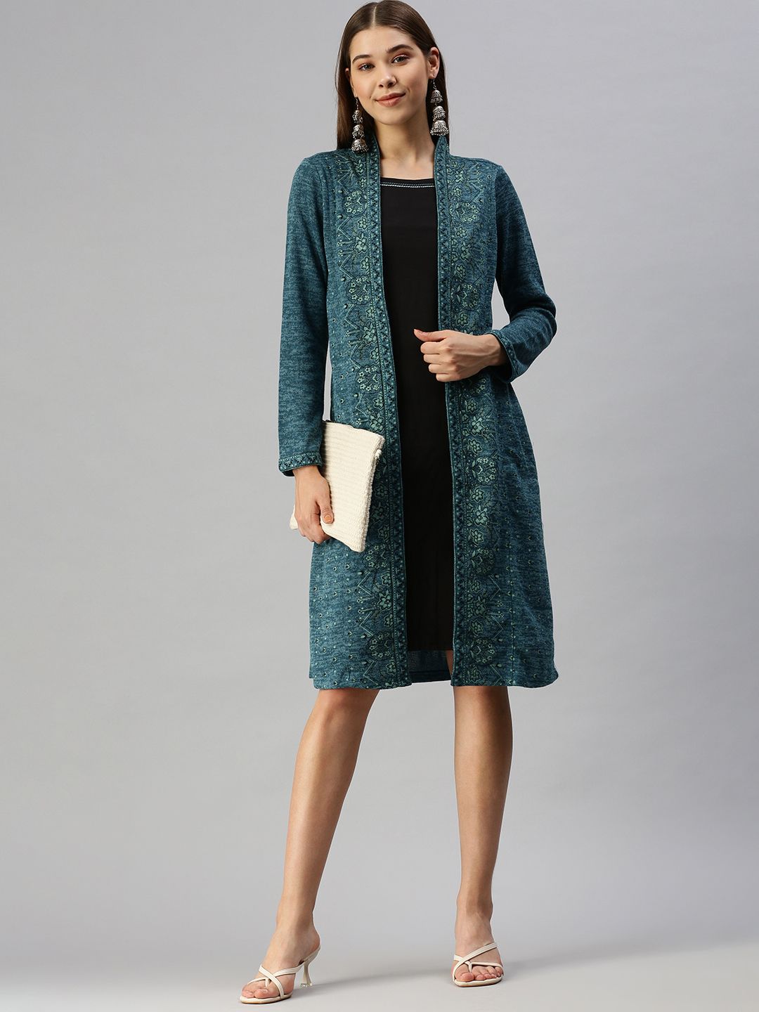 Global Desi Blue & Black Floral A-Line Dress With a Layer