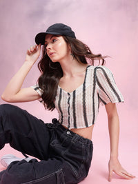 DressBerry Self-Striped Sweetheart Neck Crochet Weave Semi-Sheer Buttoned Crop Fitted Top