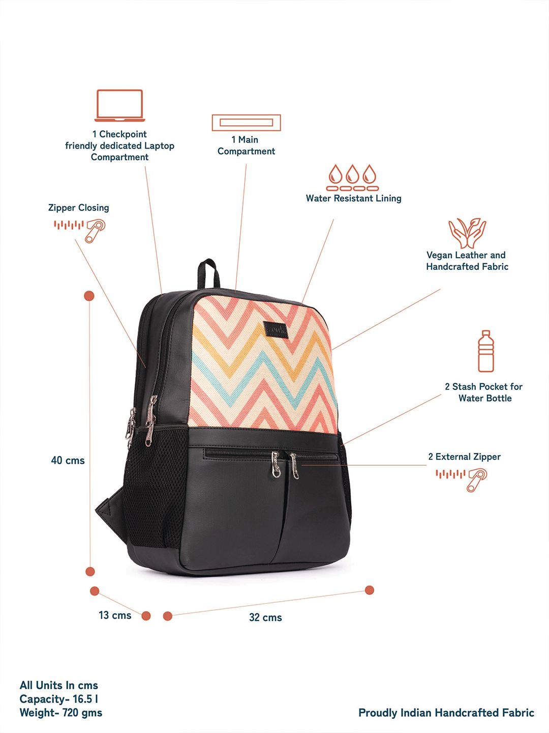 ZOUK Women Chevron Printed Vegan Leather Backpack With Compression Straps-Up to 16 inch