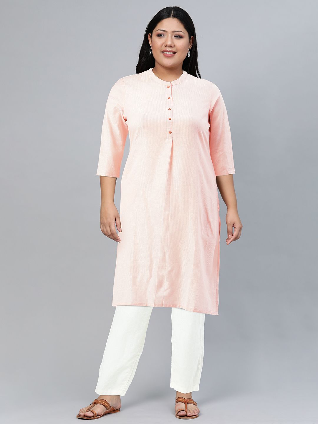 W Women Pink & Silver Striped Straight Kurta
