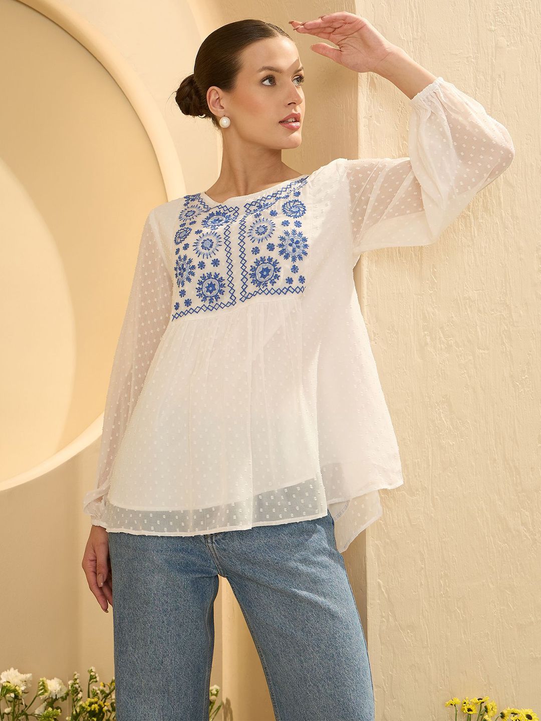 Antheaa Embroidered Self Design Chiffon Empire Top