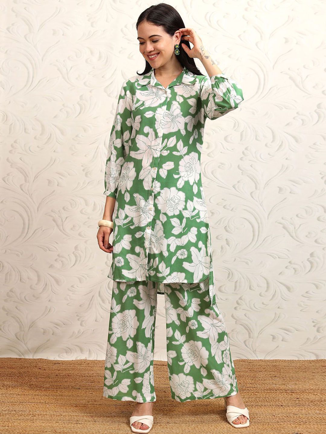 Vishudh Green Floral Printed Pure Cotton Longline Shirt With Palazzos