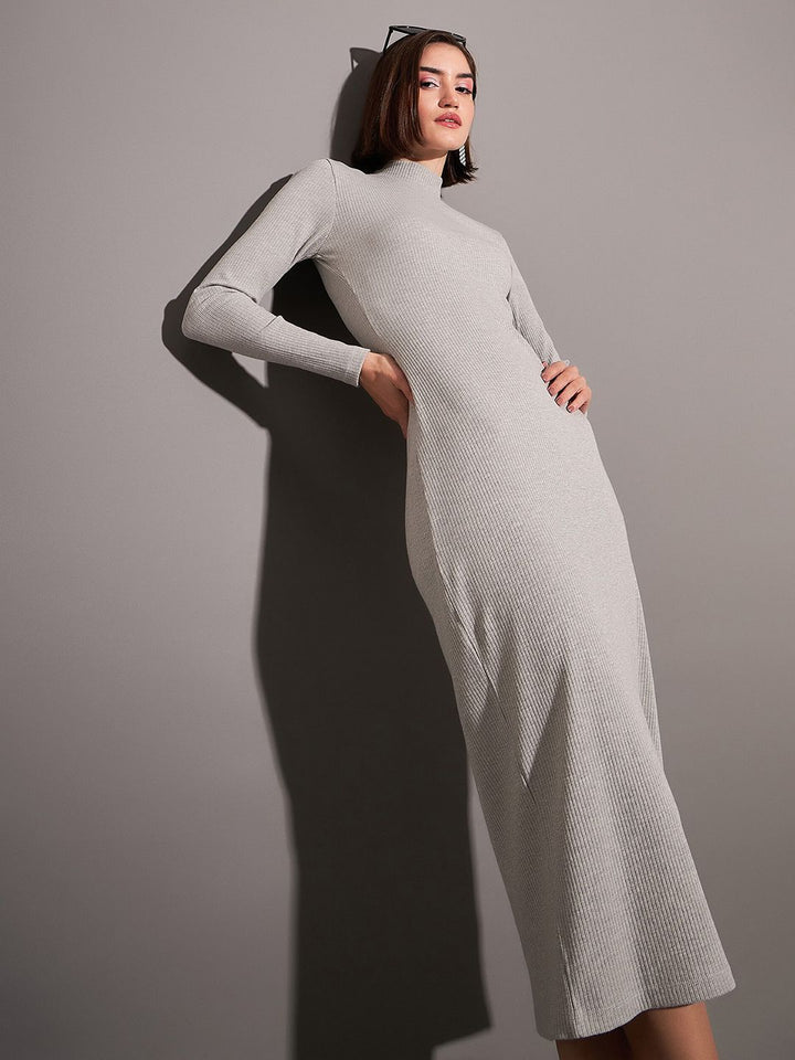 SASSAFRAS Grey Mock Neck A-Line Midi Dress