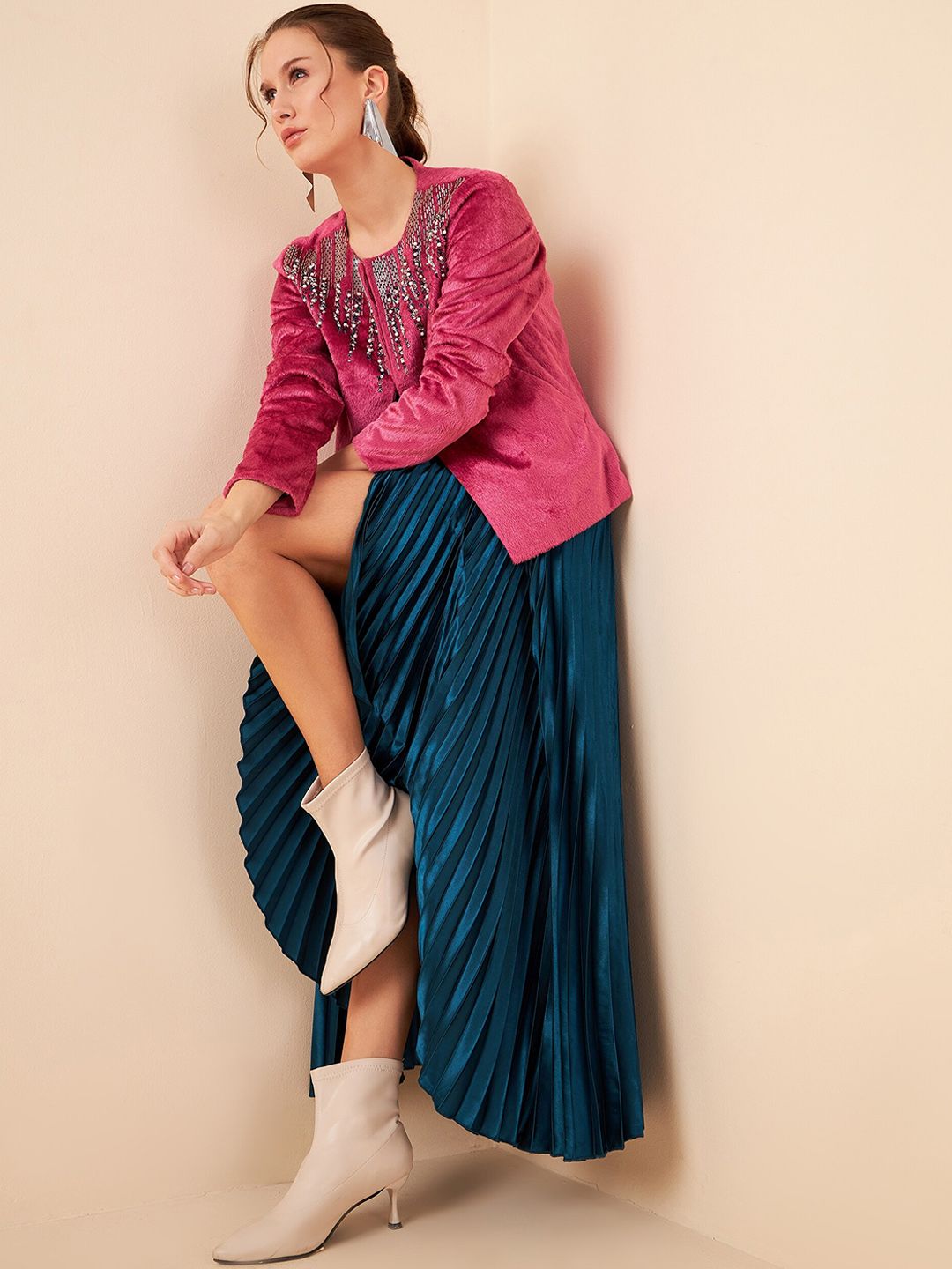 Antheaa Pink Embellished Top With Skirt