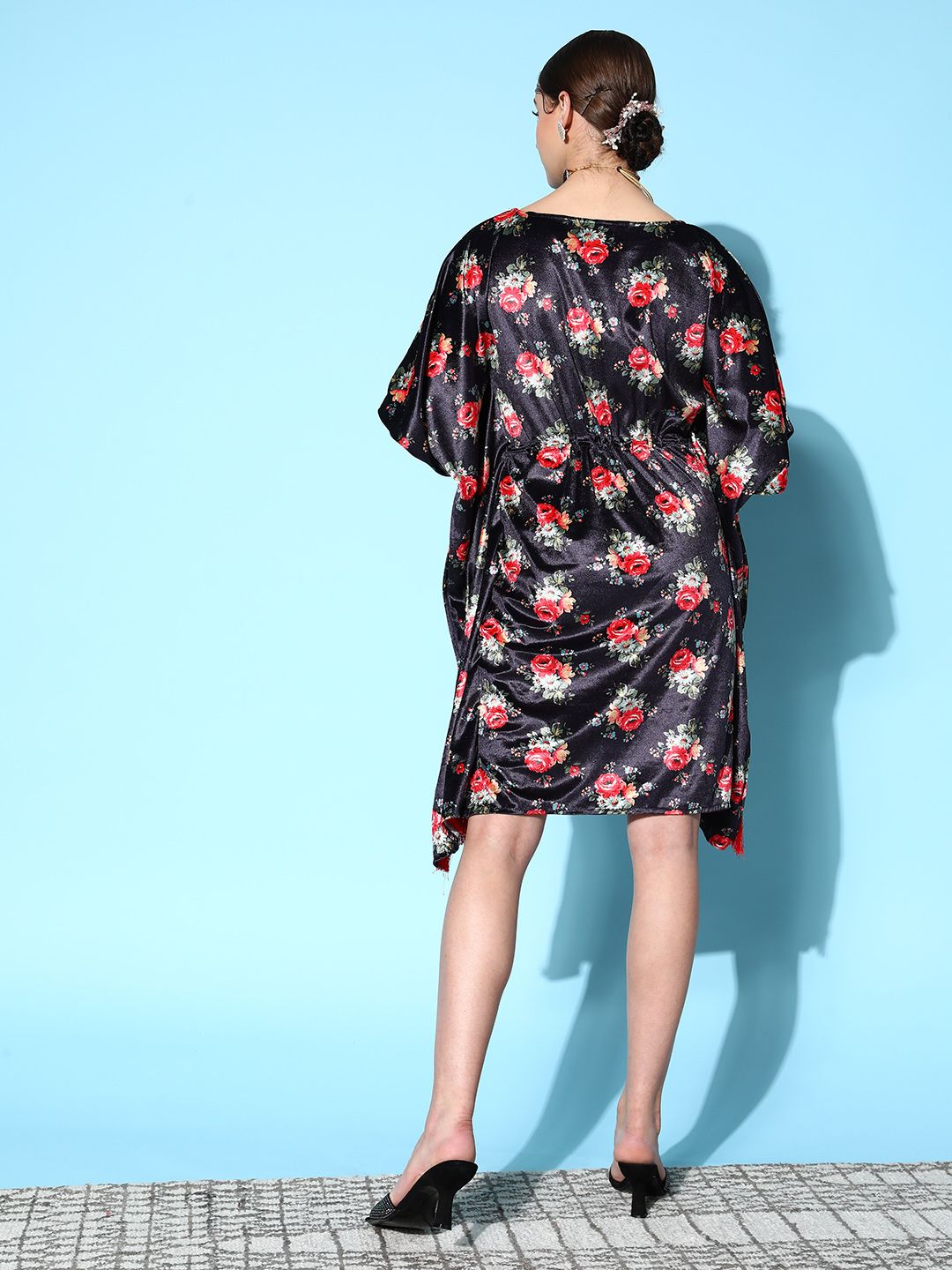Shae by SASSAFRAS Navy Blue & Red Floral Print Velvet Ethnic Kaftan Dress
