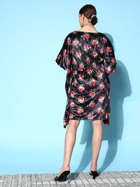 Shae by SASSAFRAS Navy Blue & Red Floral Print Velvet Ethnic Kaftan Dress