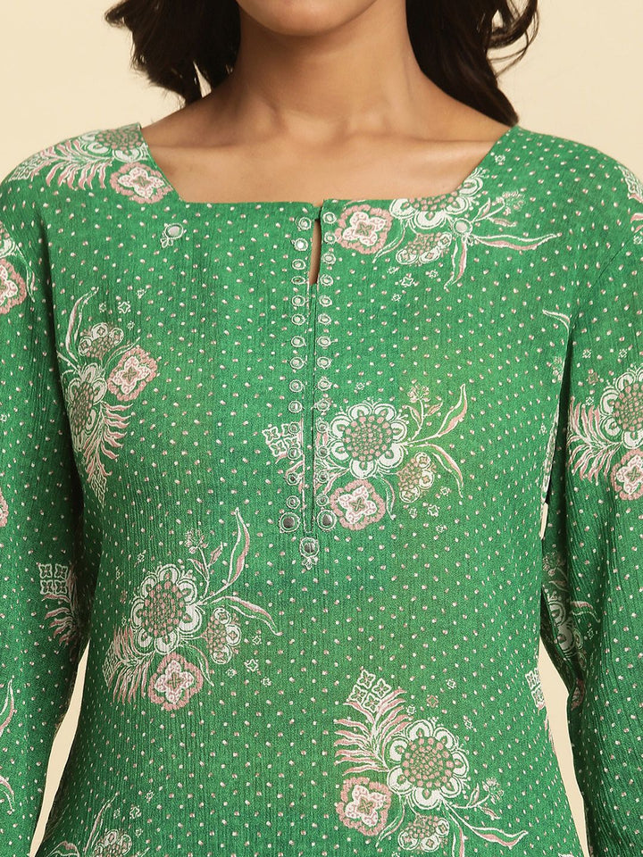 W Green Floral Printed Keyhole Neck Kurta