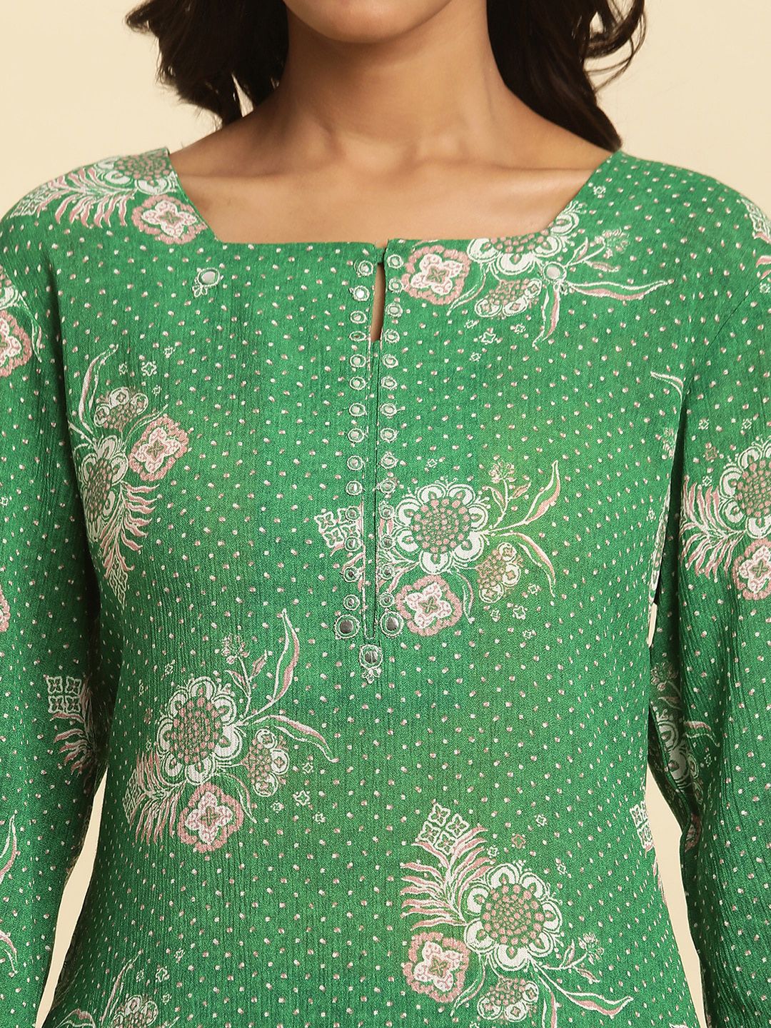 W Green Floral Printed Keyhole Neck Kurta