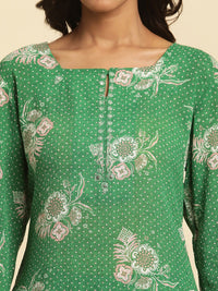 W Green Floral Printed Keyhole Neck Kurta