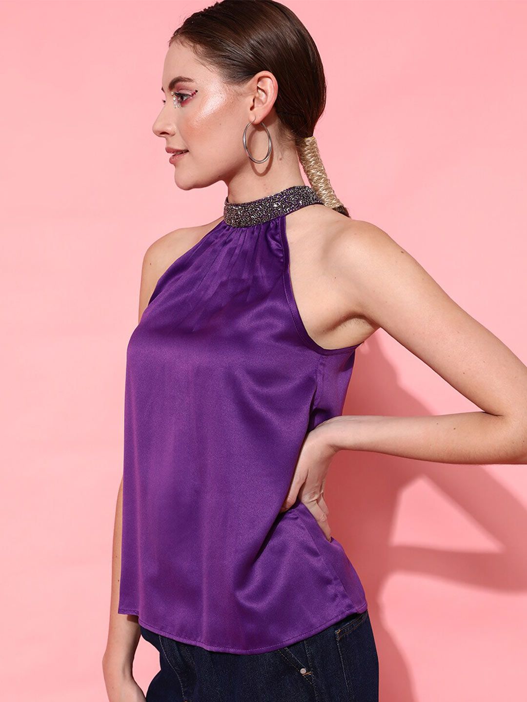 STREET 9 Purple Embellished Jewel Neck Styled Back Top