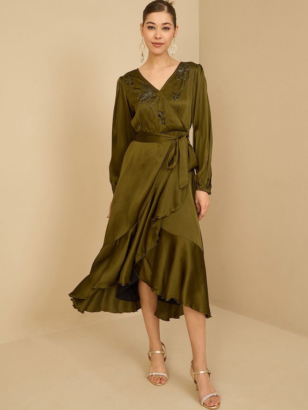 Antheaa Puff Sleeve Satin Embellished Wrap Midi Dress