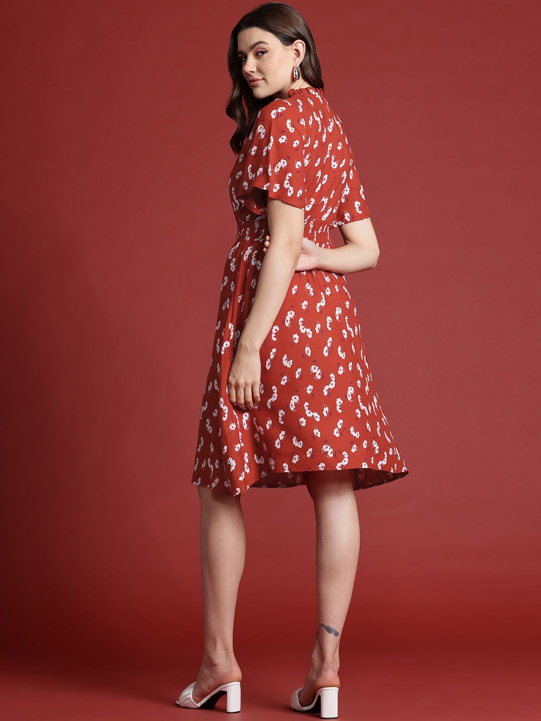 all about you Floral Print Tie-Up Neck Flared Sleeve Fit & Flare Dress