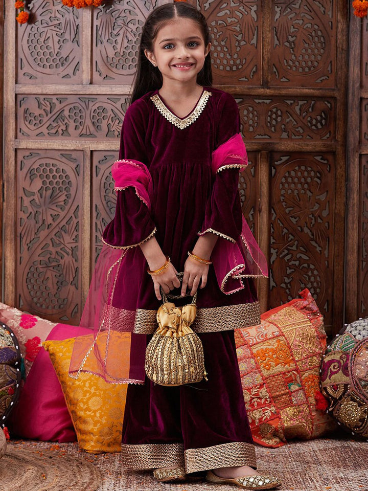 pspeaches Girls Gotta Patti Velvet Kurta With Palazzos & Dupatta