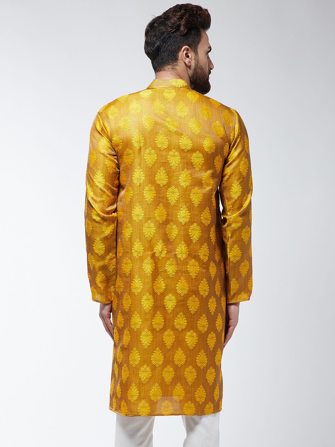 SOJANYA Lelaki Mustard Jacquard Silk Sulam Kurta Lurus