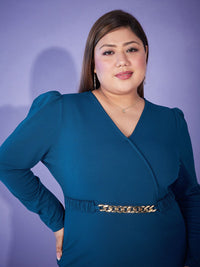 SASSAFRAS Plus Size V-Neck Belted Bodycon Dress