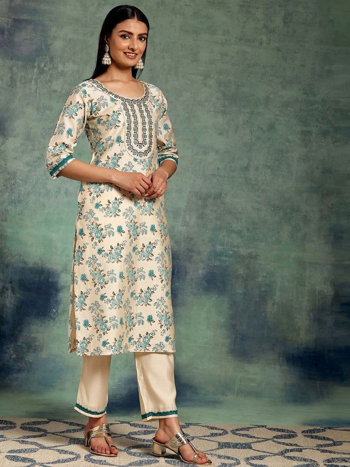 Libas Floral Printed Regular Chanderi Silk Kurta with Palazzos