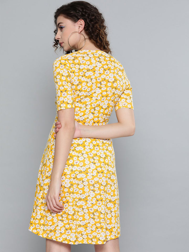 SASSAFRAS Yellow & Off-White Floral Printed Wrap Dress