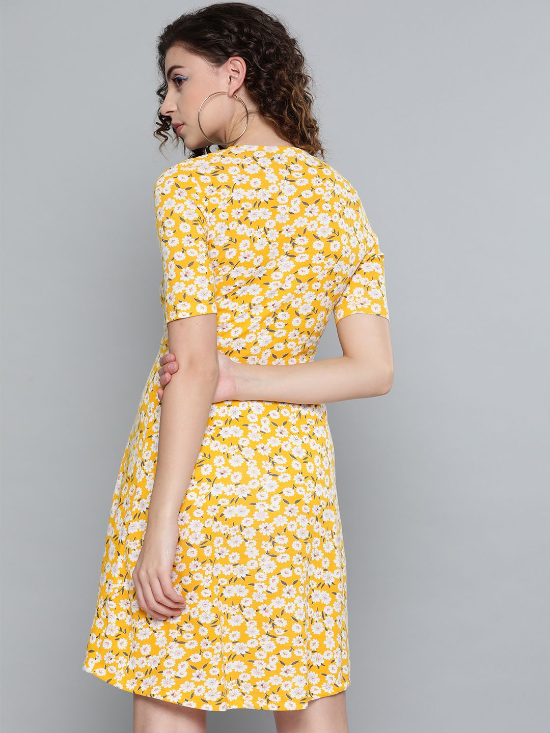 SASSAFRAS Yellow & Off-White Floral Printed Wrap Dress