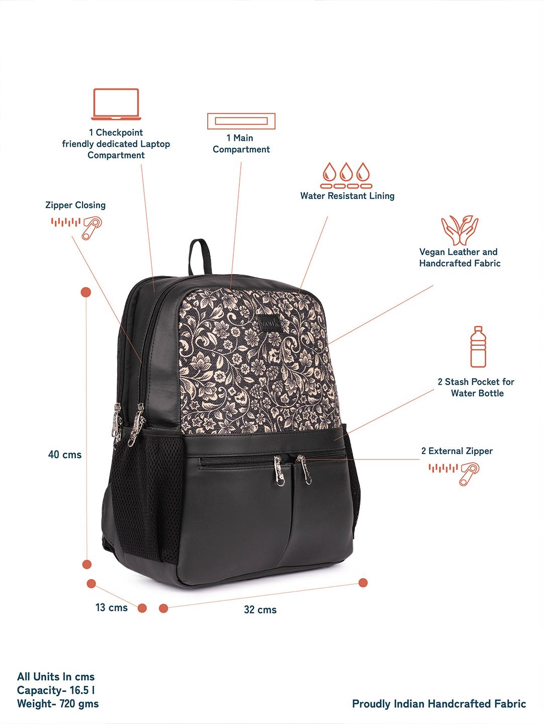 ZOUK Women Floral Printed Vegan Leather Backpack With Compression Straps-Up to 16 inch