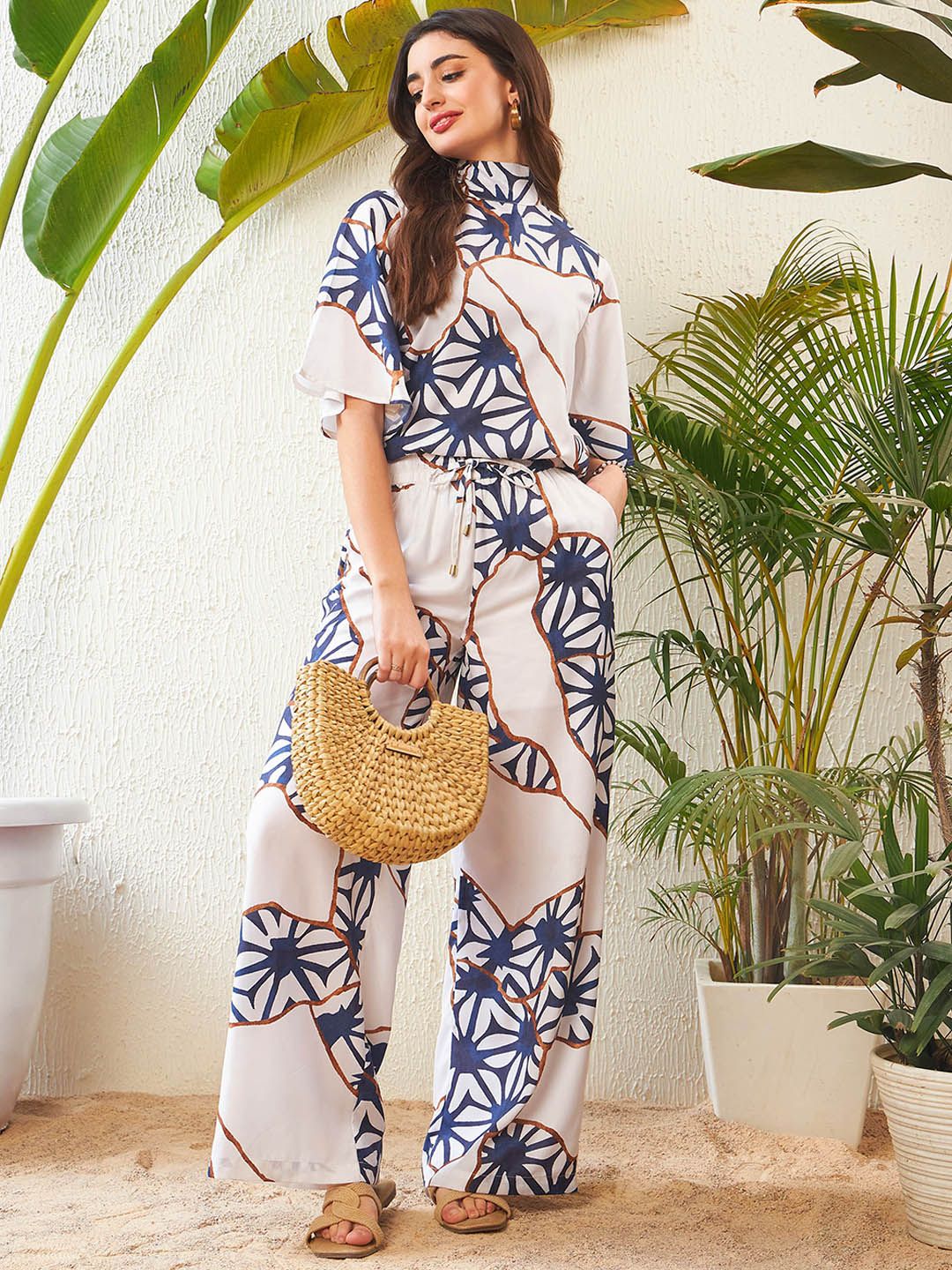 SASSAFRAS White Abstract Printed High Neck Top With Palazzos