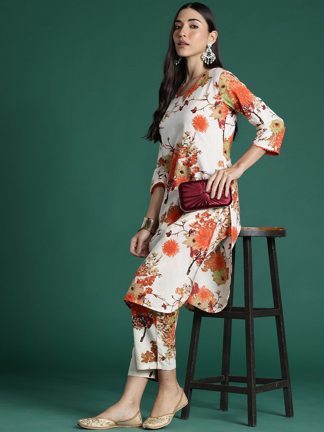 Indo Era Women Floral Printed Regular Pure Cotton Kurta with Trousers