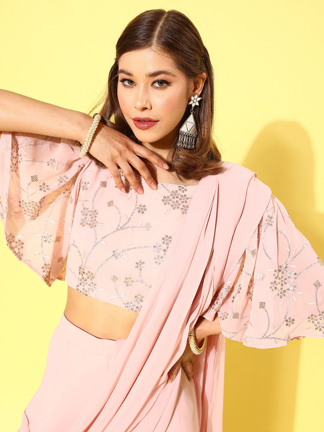 Libas Pink Floral Embroidered Pure Georgette Palazzo Saree