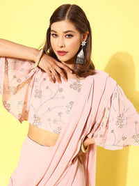 Libas Pink Floral Embroidered Pure Georgette Palazzo Saree