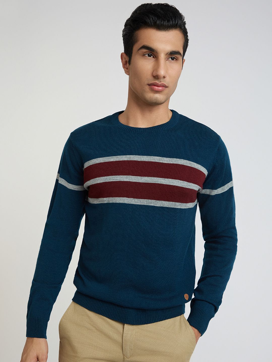 Raymond Men Teal Blue Striped Pullover