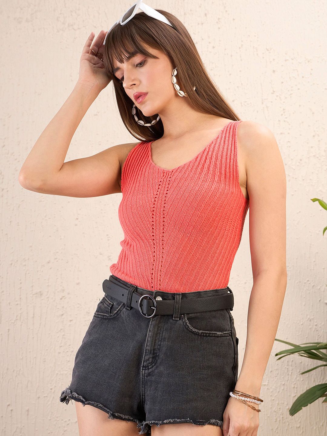 SASSAFRAS Self Design Scoop Neck Sleeveless Crochet Top