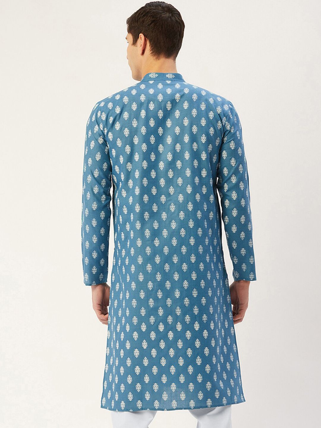 Jompers Men Teal Blue & White Ethnic Motifs Kurta