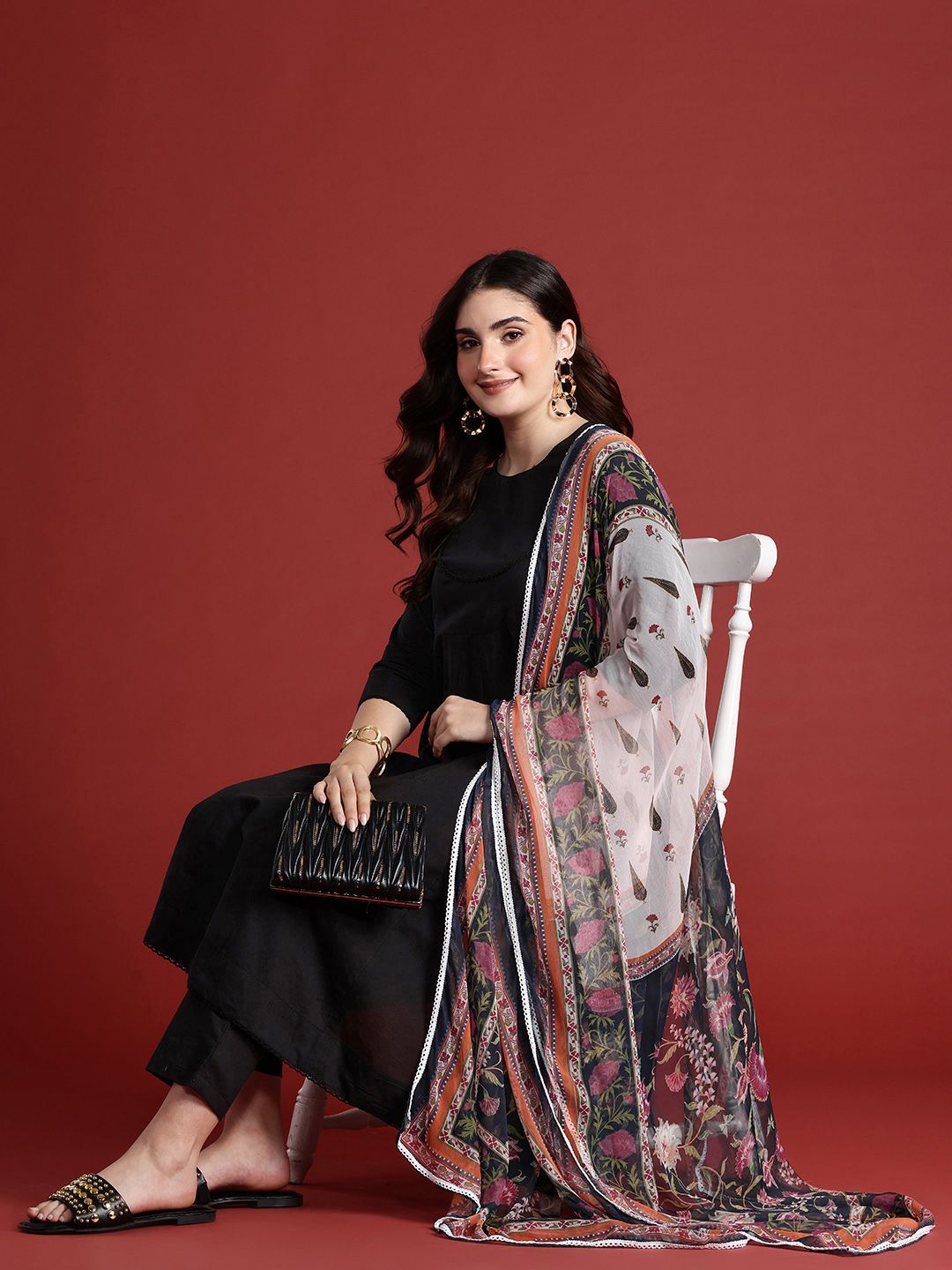 Anouk Panelled Kurta with Trousers & Dupatta