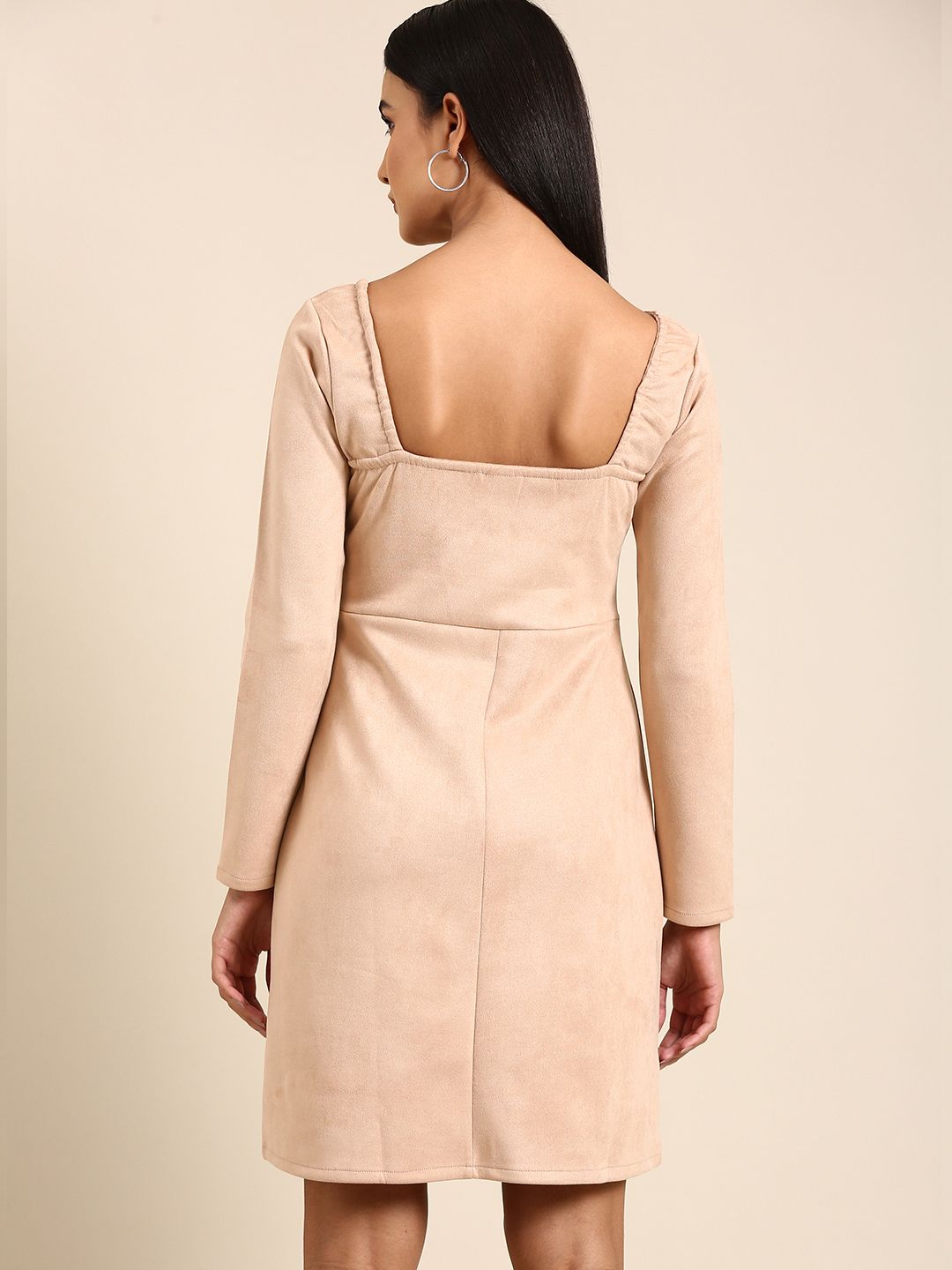 Athena Cream-Coloured Solid Above Knee A-Line Dress