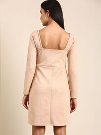 Athena Cream-Coloured Solid Above Knee A-Line Dress