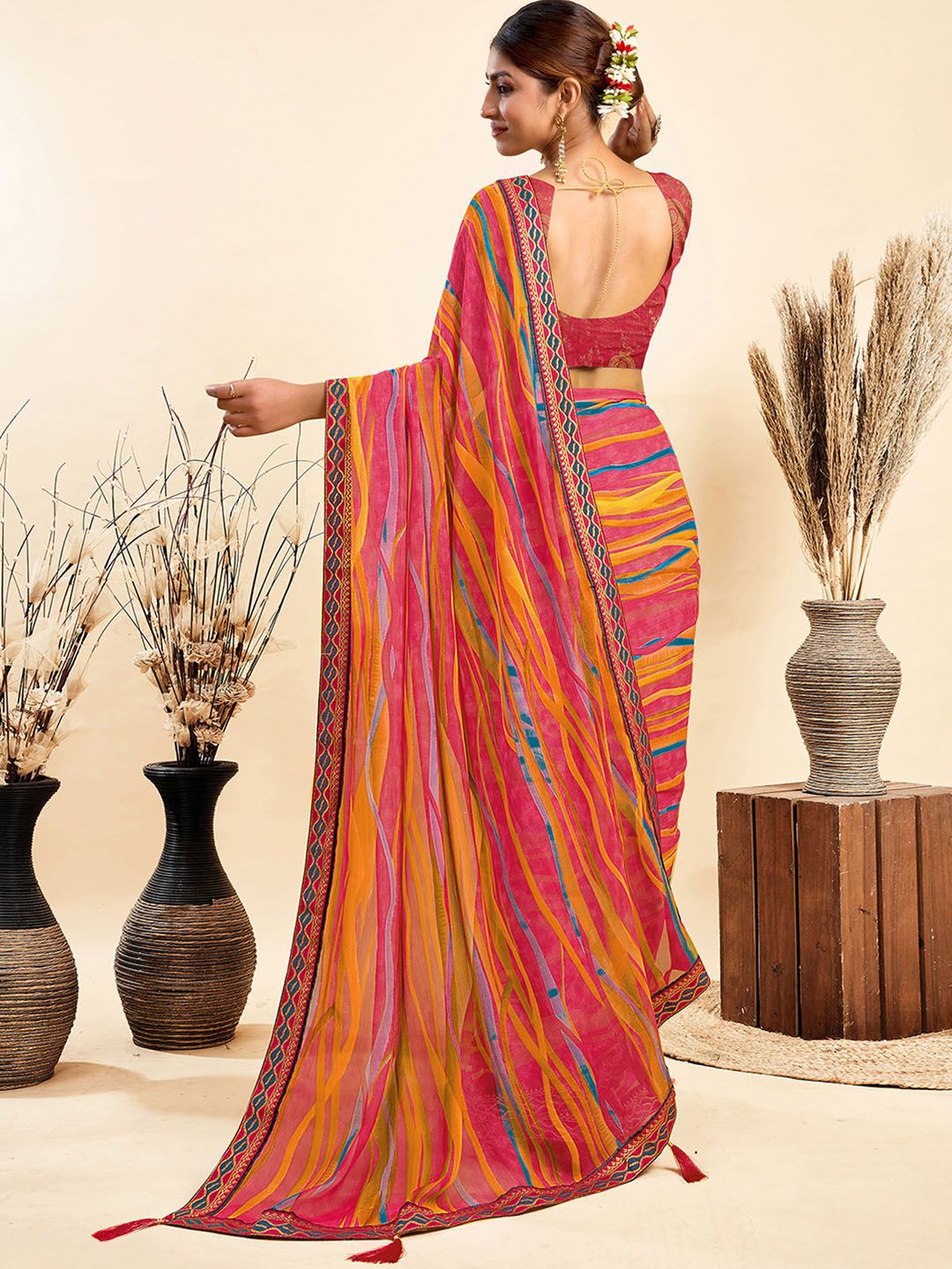KALINI Leheriya Dyed Pure Chiffon Saree